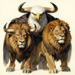a mighty strong creature with the body and eyes of a man, with the ( ( beak ) ) of an eagle, the mane of a lion, and the horns of an ox. drawn by boris valejo