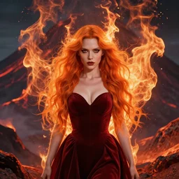 style artgerm, joshua middleton, beautiful ( kristen bell ) with dark red dress, very long orange hair, symmetrical face, symmetrical eyes, fire powers fire swirling, detailed, volcano setting, cinematic lighting