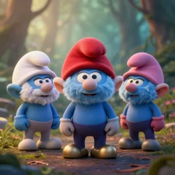 smurfs, 3 d, mistic atmosphere, cute, octane render, redshift render, intricate, insanely detailed, morning light, ambient occlusion, sub surface scattering, well rendered