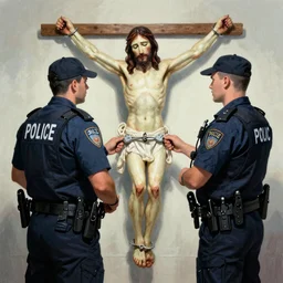 jesus christ is placing handcuffs on a police officer, style of greg rutkowski
