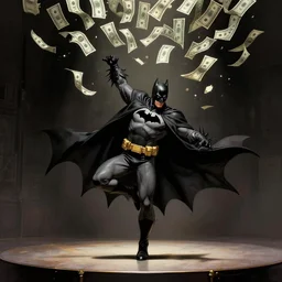 batman dancing on stage, dollars falling from above, elegant intricate digital painting artstation concept art by frank miller and klaus janson detailed