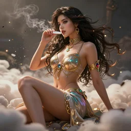 a beautiful female goddess of the drugs character, character is in all its glory, character is in her natural relaxed pose, rim lights, particles and dust in the air, fancy clouds, highly detailed professional photo, dynamic lights, particles are flying, depth of field, trending on artstation, professional illustration, hyper realistic, vray caustics, super detailed, colorful accents, cinematic shot