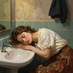 glitched photo of a woman sleeping in a public bathroom by J. C. Leyendecker and Edmund Blair Leighton and Charlie Bowater, Beksinski painting