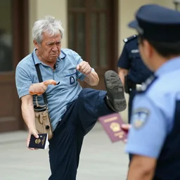 ugly old actor kicks a security guard for asking for his passport, documentary photo