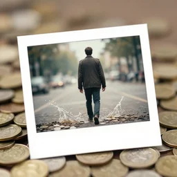 a 3 5 mm photo from the back of a man walking over piles of coins, splash art, movie still, bokeh, canon 5 0 mm, cinematic lighting, dramatic, film, photography, golden hour, depth of field, award - winning, anamorphic lens flare, 8 k, hyper detailed, 3 5 mm film grain