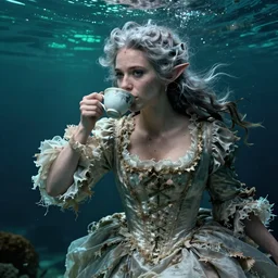 A 18th century, messy, silver haired, (((mad))) elf princess (looks a bit similar to kate winslet), dressed in a ((ragged)), wedding dress, is ((drinking a cup of tea)). Everything is underwater and floating. Greenish blue tones, theatrical, (((underwater lights))),   fantasyconcept art, inspired by John Singer Sargent's Lady Macbeth