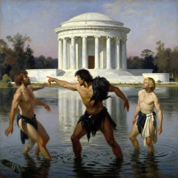 nick at night 2 1 savage frolic in an estuary, a marble temple stands in the background, painting by gaston bussiere, craig mullins, j. c. leyendecker, tom of finland