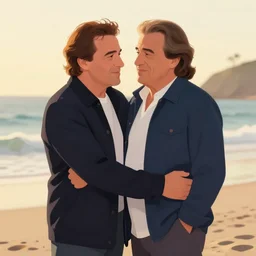 danny devito and emma watson at a beach, golden hour, digital art, loving embrace, trending on artstation