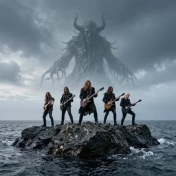 scandinavian metal band playing music on a rock in the ocean as cthulhu rises in the background, natural lighting, photography, long shot, high quality, 4 k,