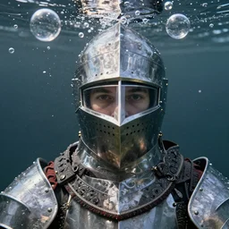 Underwater photo of a stylish medieval knight by Trent Parke, staring at a camera through a visor, close up, huge bubbles, metallic patterns, clean, detailed