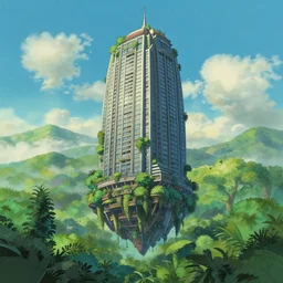 big skyscraper levitate over the jungle, ghibli style, sky in a background