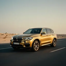golden bmw x 5 on dubai beautiful road : : photography, filmic, cinematic, dramatic, photography, film grain, 7 5 mm, wide angle, rtx, anti - aliasing, fxaa, sharpen, sfx, ssao, de - noise, cinematic lighting