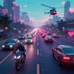 motorcycles and cars on a cyberpunk tron legacy highway, dense traffic, helicopter chase. hearts mosaic bokeh.