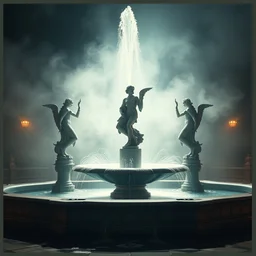 a statue of three nymphs circling a fountain, beautiful atmosphere, smoke, cinematic, gta