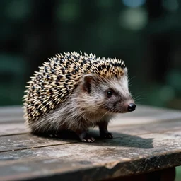 hedgehog sitting on the table, filmed on 35mm photo, depth of field, high detailed