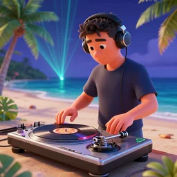 a dj with headphones working the turntable on a tropical beach, pizza for records on the turntable, laser show, night sky, 3 d render, extremely high resolution, octane render, trending on artstation, by pixar
