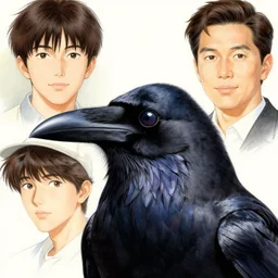 a portrait of a raven bird, by takehiko inoue and kim jung gi and thomas kinkade, masterpiece illustration, realistic head and anatomy
