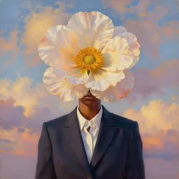 portrait, giant flower as head, black woman in suit, surreal photography, golden hour, colorful clouds, impressionist painting, digital painting, artstation, simon stalenhag