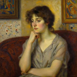 portrait in femininity, thoughtful face, warm glow, cozy room bathed in light, captured memory, recollection, impressionism, woven textiles, painted stucco wall, radiosity, pj crook, terrazzo, alphonse mucha, livia prima, artgerm, greg rutkowski, nick alm, casey baugh, deep color, oil on canvas