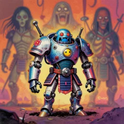 flowerpunk mech scally samurai, risograph grainy painting, blurred, gouache on canvas, vibrant colors, grotesque, wrapped thermal background, bymike mignola and yoji shinkawa art style, midshot wide portrait