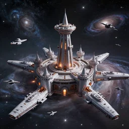 A starbase, in the shape of a castle, surrounded by big and small starships somewhere in the Andromeda galaxy, belonging to a very advanced civilization.