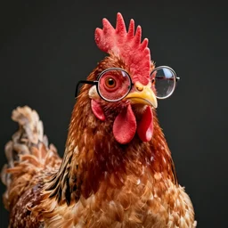 a portrait of a very handsome!!! chicken with small fashionable!!!! glasses!!! Staring at the camera!!!