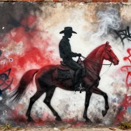 ( ( ( red + black + ( photo * cowboy ) ) / ( hat * whip * horse ) ) + ( smoke * background ) ) = ( wall + graffiti )