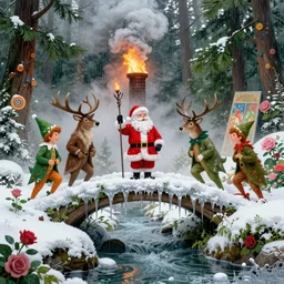 santa clause, the elks and the elves on candy mountain, ornate, beautiful, atmosphere, vibe, mist, smoke, fire, chimney, rain, wet, pristine, puddles, melting, dripping, snow, creek, lush, ice, bridge, green, forest, roses, flowers, by stanley artgerm lau, greg rutkowski, thomas kindkade, alphonse mucha, loish, norman rockwell