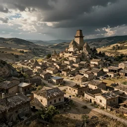 realistic photo of a town, settlement, buildings, detailed scenery, prehistoric time period