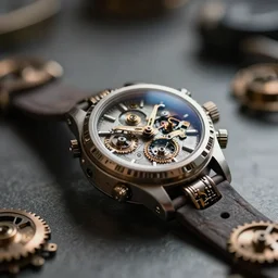 close up of a futuristic steampunk watch lying on a table, high detail, sharp focus, depth of field, bokeh, cinematic lighting and composition, by syd mead and greg rutkowski and android jones