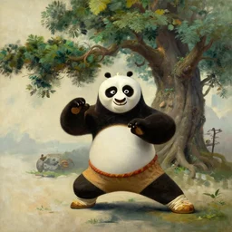 po from kungfoo panda in a heavenly state, battle stance in front of a great oak tree, oil painting