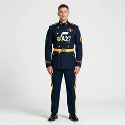 full body portrait of the dictator of the nba utah jazz, 1 8 8 9, in full military garb, navy blue, green, yellow, gta v, stephen bliss, unreal engine, fantasy art by greg rutkowski, loish, rhads, ferdinand knab, baarle, ilya kuvshinov, global illumination, radiant light, detailed and intricate environment