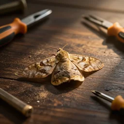 moth on a dark wooden table, matte painting, dust, volumetric lighting, screwdrivers, golden hour, 8k, 4k, artstation, award winning shot