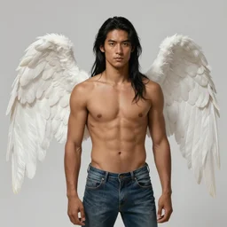 character concept portrait of a handsome male angel with brown skin and long black hair, and large white wings. Clean-shaven, hair in a ponytail. Shirt and jeans. Digital painting, concept art, smooth, sharp focus, illustration, by Ruan Jia and Mandy Jurgens and Artgerm and William-Adolphe Bouguereau