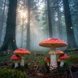 misty pine forest floor, mystical, amanita muscaria mushrooms dripping with mist, firefly's swarming, sun shining through the tree canopy, dreamy colors, photorealistic, landscape photography, beautiful, 4 k, trending on artstation, serene, bliss