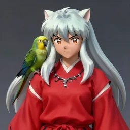 inuyasha with a parrot sitting on the shoulder, 8 k, from waist up, fantasy, smooth, subtle shadows, fine details, photorealism, hyper realism, octane render, stunning, intricate, elegant, highly detailed, digital painting, artstation, smooth, sharp focus, raw