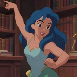 animation still frame of an attractive female guardian of the sea ( medium blue hair ) in an awesome pose, high angle closeup portrait, blurry background of the library, disney, pixar, bloom, medium shot, dramatic lighting, in the style of studio ghibli, j. c. leyendecker, greg rutkowski, artgerm