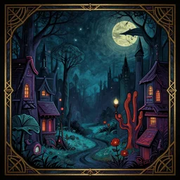 a cartoon night landscape game background in art deco surrealism expressionism, artstation, nightmare