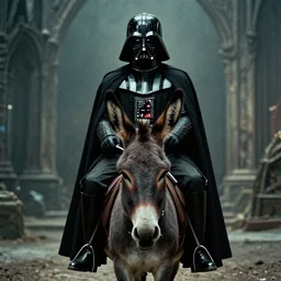 a film portrait still of darth vader rides a donkey, gritty cyberpunk atmosphere. realism, cinematic lighting, beautiful gothic fantasy photorealistic, 4 k. 8 mm. grainy. panavision.