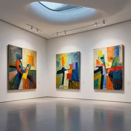 interior futuristic art gallery wide angle highly detailed by santiago calatrava, three wall hanging paintings famous pieces by afremov!, captivating 8 k hdr, octane render godrays hyperrealism