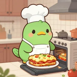 cute platypus on a kitchen wearing a chef hat and holding a lasagna into an oven, digital art
