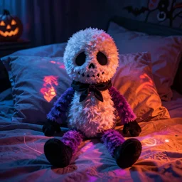 photograph of a spooky slenderman plushy on a bed, fluffy plush, halloween, vibrant color photo, style of shaun tan junji ito