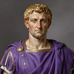 gaius julius caesar wearing a tyrian purple roman toga, roman emperor, art by greg rutkowski, portrait, headshot, highly detailed, digital painting, sharp focus, illustration