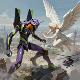 epic digital painting of a eva-01 fighting an angel, helicopter view, trending on artstation