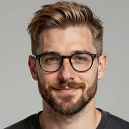 white tennessee man, short hair, light brown hair, wisps of gray hair, undercut, scruffy beard, glasses, bushy eyebrows, wide neck, smiling, salt and pepper hair, strong nose, hazel eyes, strong brow, strong cheekbones, portrait shinkai makoto key hideaki anno sakimichan stanley artgerm lau rossdraws james jean marc simonetti elegant highly detailed digital painting artstation pixiv