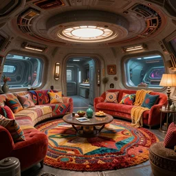 very detailed interior of alien futuristic spaceship with colorful high resolution textures, 1 9 6 0 s bohemian furnishings, shag carpet, contrast bump, texture displacement, sss, reflections, raytracing, raymarching, subsurface scattering, still from new scifi movie by digital domain, lucasfilm, by arthur haas and stefan morrell