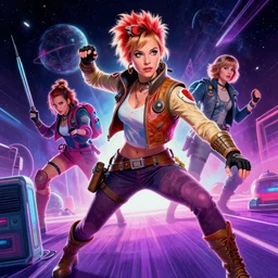 a punky girl who looks like a mix between natalie portman and mila johovich!!! as a space fighter punk rock pilot!!! on a retro 8 0 s movie poster!! digital illustration portrait design by, mark brooks and brad kunkle detailed, gorgeous lighting, wide angle action dynamic portrait