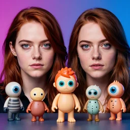 the rock and emma stone, focused, mugshots, photoshoot, sharp details, face photo, face details sharp, by donato giancola and greg rutkowski and wayne barlow and zdzisław beksinski, eyeballs, product photography, action figure, sofubi, studio lighting, colored gels, colored background,