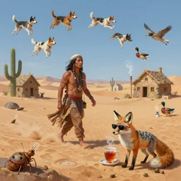 digital art painting rich of details of a shaman walking in a desert, in the air dogs are flying and strange ducks are smoking glas - pipes, on the background various houses made of cactus, in foreground a toxic desert - fox with sunglasses drink a cup of tea, the sand of the desert is infestate of 🐛
