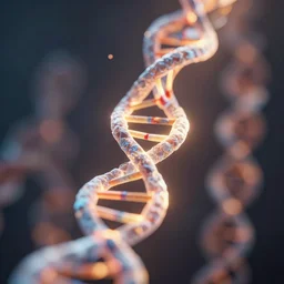 a 3D render of a strand of DNA, glowing, bokeh, Canon 50mm, cinematic lighting, volumetric light, octane, octane render, redshift render